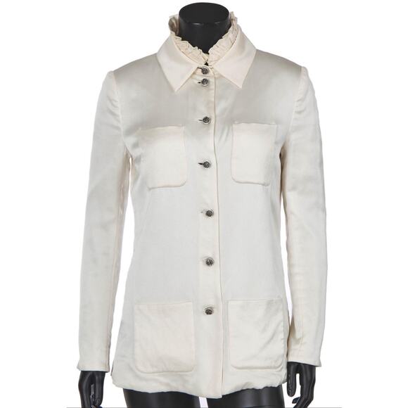 Chanel Silk Ivory Button Down Blouse Jacket With Frill Collar - Picture 1 of 16
